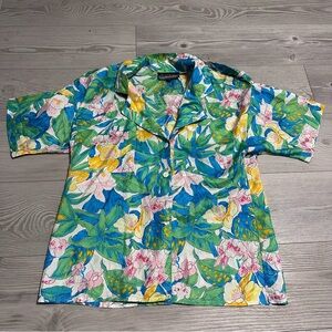Vintage 80s Lady Manhattan Floral Short Sleeve Button-up Shirt Green Blue, Sz 10